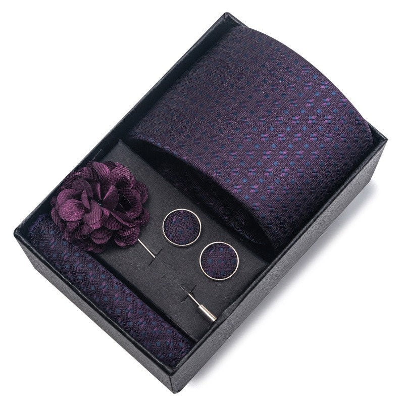 Dark Purple Pattern Necktie Set / Pocket Square Tie Bowtie Cufflinks Set / Wedding Tie / Tie Clips / Gift for him Mens Groomsmen Gift